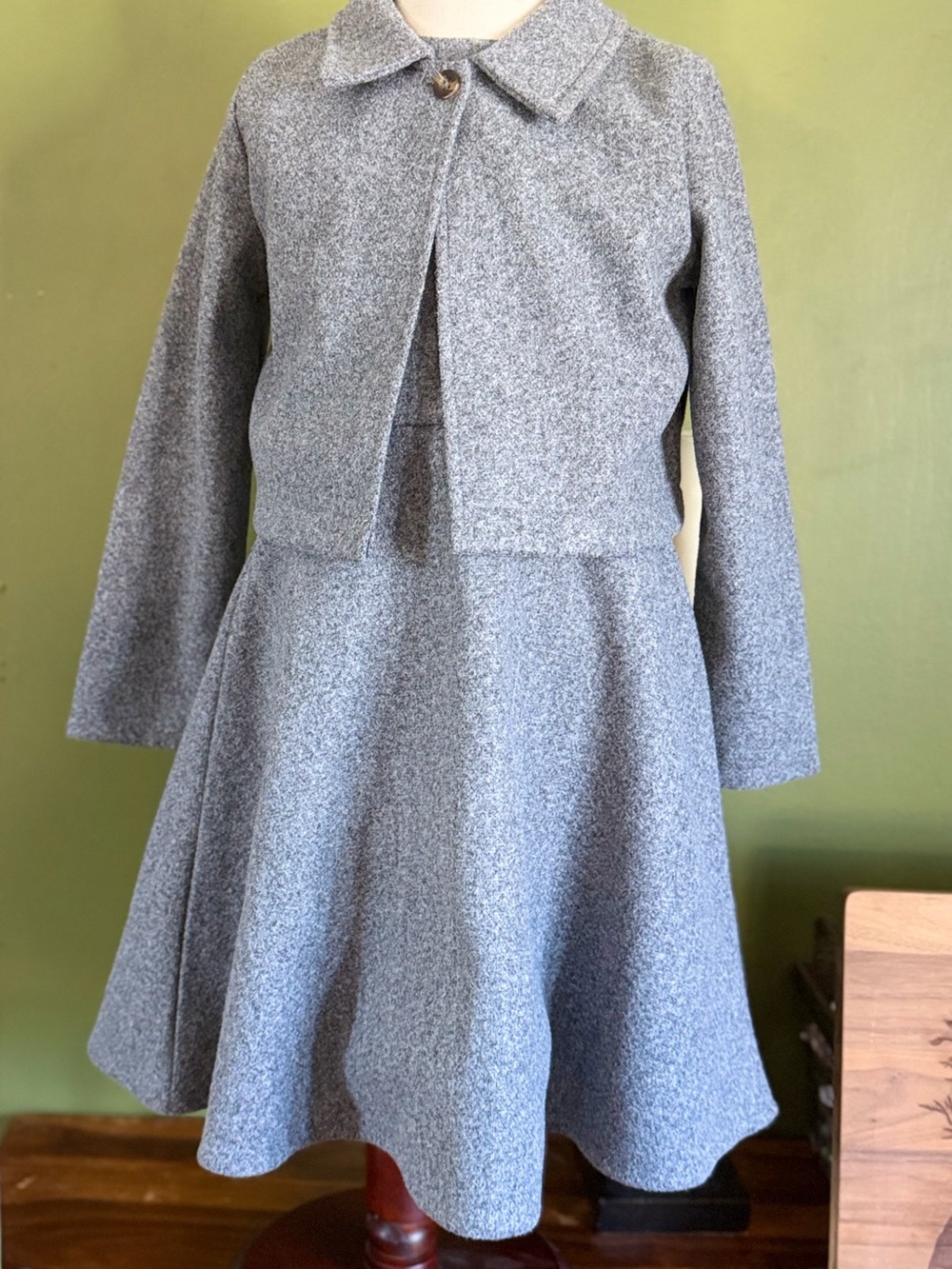 Girls' Gray Wool-Blend Pea Coat Dress with Collared Jacket